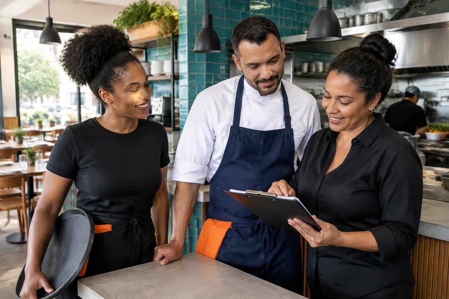 Equipe de restaurante alinhando o trabalho do dia