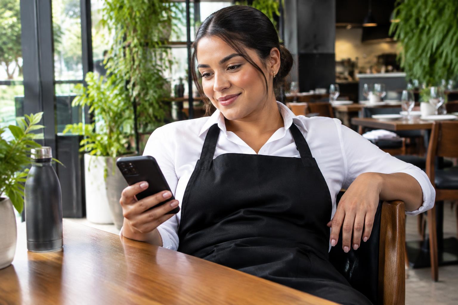 Prestadora consultando o celular em um restaurante